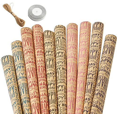 Geschenkpapier Geburtstag 10 Blatt 70×50cm Öko Kraft Packpapier für Kindergeburtstag Nachhaltiges Geschenkverpackung Papier mit Jutesaiten, silbernes Band für alle Geburtstagsanlässe Party DIY Craft