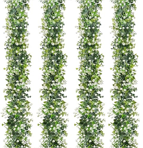 SOMYTING 4 Pezzi Ghirlanda Artificiale di Eucalyptus Verde, Ghirlanda Fatta a Mano con Fiori Bianchi per Sfondo di Nozze, Decorazione per Arco, Parete, Viti, Foglie Protette dai Raggi UV per Interni