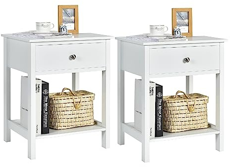 COSTWAY Mesita de Noche con Cajón y Repisa, Mesita con 2 Niveles, Mesa en Estilo Simple y Moderno, Complemento de Decoración Multifuncional para Salón Dormitorio Pasillo, Fácil de Montar (Blanco 2)
