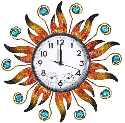 HOBYLUBY Reloj Solar para Exteriores con termómetro e higrómetro, Reloj de Pared silencioso sin tictac, Reloj de Cuarzo Impermeable para Patio, Sala de Estar, Cocina, jardín, 13 Pulgadas