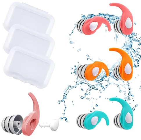 3 Pairs Ear Plugs for Swimming Reusable, Soft Silicone Waterproof Swim Earplugs with Noise Cancellation for Bathing, Surfing and Other Water Sports (Green Orange Pink(5~12 Years Old))