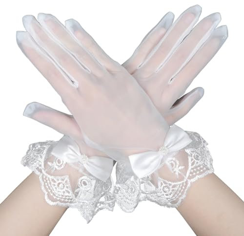 Yolev Weiße Spitzenhandschuhe Kurze Tüll Handschuhe Damen Elegant Teeparty Kurze Schleife Brauthandschuhe Formelle Sommer Hochzeit Brautkleid Abschlussball Beerdigung Abend Tanz Maskerade