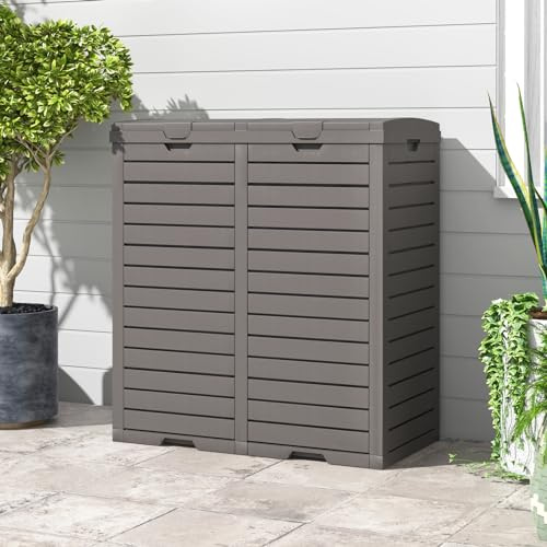 GIANTEX Cestino per Raccolta Differenziata da Esterno, Doppio Bidone da 235L per Rifiuti, Cestino della Spazzatura Impermeabile con Coperchio a Gradini, Vassoio, Maniglia, per Patio Giardino (Marrone)