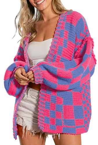 SELINK Women's Cardigan Sweater Vintage Pink Open Front Mixed Checkered Pattern Chunky Knit Plaid Long Sleeve Daily Outwear L