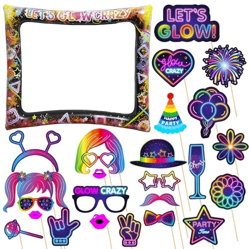 Neon Glow Inflatable Photo Booth Frame With 25Pcs Props Kit for Birthday, Disco, and Dark Party Decoration