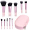 Mini Set de Pinceles de Maquillaje, 10 Piezas Portátil de Viaje Con Bolsa de PU, Conjunto Cosmético Brochas (Rosa)