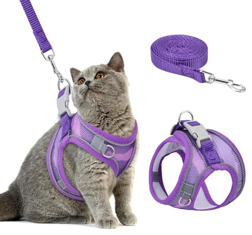 Brifit Harnais pour Chat Anti-Fugue, Harnais Chaton Réglable, Laisse Chat Sécurité avec Bande Réfléchissante & Maille Respirante, Harness Laisse pour Chats, Chaton, Chiot, Pourpre, XXS