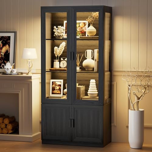 BROTTAR Display Cabinet with Glass Doors and 3 Color Lights, H67 Storage Cabinet&Display Case with Magnetic Lock and Buffer Hinge, Curio Bookcase Cabinets for Collectibles, Books for Living Room