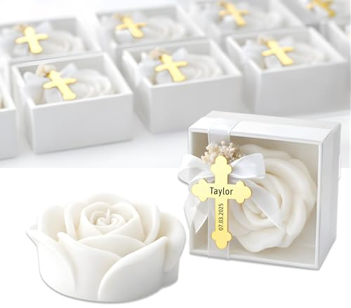 Personalized Rose Shaped Soy Candle Favors with Gold Acrylic Cross Label – Baptism & Christening Keepsake, Religious Wedding or Shower Gift Set (10–200 PCS)