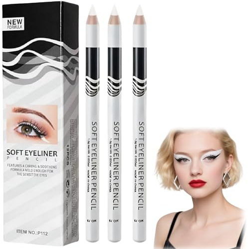 3PCS White Eyeliner Pencils,Soft Highlighter Gel Eyeliner Pencil,White Pencil for Skin Marking,Highlighter Waterproof Eyeli/ner Penc/ils,Wh/ite Eyel/iner Pe/ncil,Professional E/ye Liner Pen