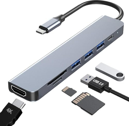 Hub USB C, Adaptateur Multiport, Dock USB C 7-en-1, Multi Data Ports, Lecture de Carte SD/TF, 4K HDMI, Compatible avec Bureau, Ordinateur Portable, Disque Dur, Console, Imprimante, Clavier