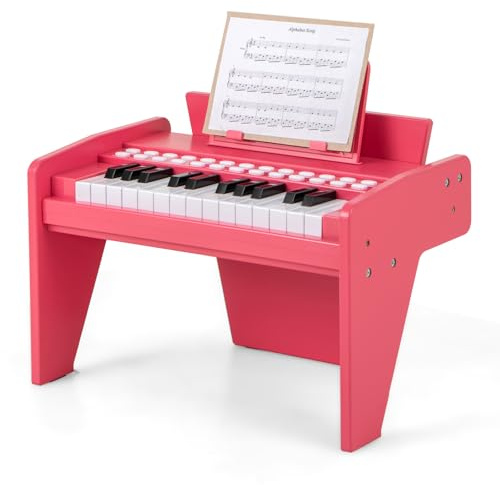 KOMFOTTEU Tastiera a 25 tasti per bambini, pianoforte elettronico con tasto luminoso e leggio, pianoforte digitale per bambini di 18+ mesi, registrazione e lettura, modalità di apprendimento (rosa)