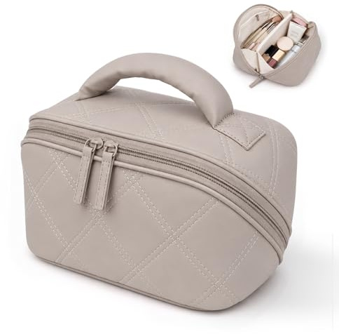 SINAYREK Travel Makeup Bag, Flat Lay Make Up Case, Water-Resistant Nylon Cosmetic Organiser with Brush Compartment & Handle, 180° Fully Opens Flat, Toiletry Bag, Puffer Quilted Down-Feel (Khaki)