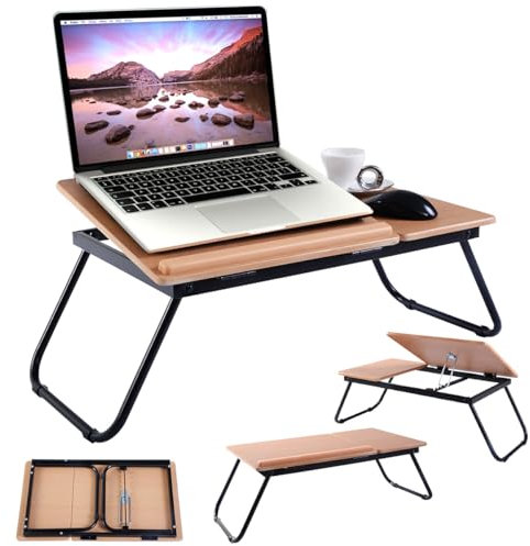 COSTWAY Table de Lit Pliable 55 x 32 cm, Plateau de Lit pour Ordinateur Portable avec 5 Angles d'Inclinaison Réglables, Cadre en Métal, Idéal pour Lecture, Travail, Petit Déjeuner (Naturel)