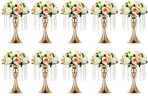 NUPTIO 10 Pcs Crystal Flower Stand Wedding Centerpieces for Tables, 10.2in/26cm Height Metal Flowers Holders Party Reception Dining Living Room Decor