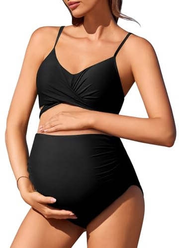 Summer Mae Maternity Criss Cross Bikini Swimsuits High Waist String Floral Bathing Suit Two Piece Pregnancy Swimwear Black X-Large
