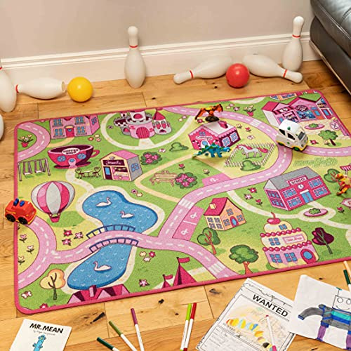 Childrens Kids Girls Playground Funfair Pink Roads Playmat Interactive Creative Play Toddler Nursery Bedroom Educational Carpet Rug Mat 95cm x 133cm