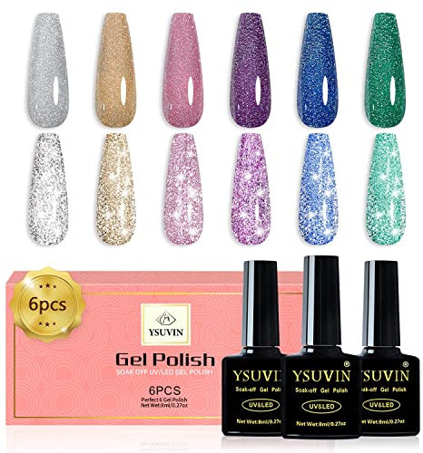 Yueshop 6PCS Reflective Glitter Gel Polish Set,Silver Green Pink Blue Purple Yellow Sparkly Gel Nail Polish Soak Off UV Gel Nail Varnish Manicure Set,8ML