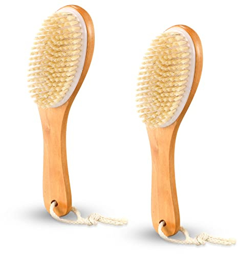 Gerrii 2 Pcs Dry Brushing Body Brush Natural Boar Bristle with Contoured Wooden Handle for Back Legs Feet Exfoliates Dead Skin