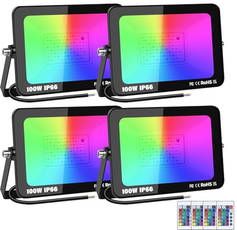 RIGIDON 4 Pieza Foco Led RGB Exterior, 100W 10000LM Con Control Remoto Proyector Led, Multicolor Estroboscópico RGB Regulable Luz de pared Para Jardín,Fiestas, Terraza, IP66 Impermeable Floodlight