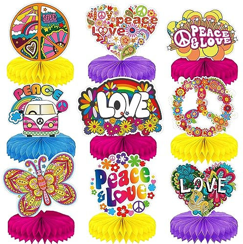 Qpout 9 Pcs Groovy Hippie Boho Centros de Mesa de Nido de Abeja para Fiestas Tie Dye Party Table Topper Panal Hippy Retro Peace Las Decoraciones de Fiestas temáticas Hippies de los años 60 de los 70