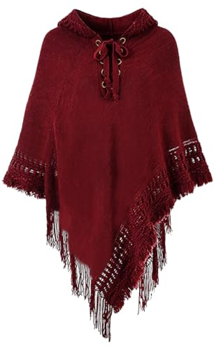 Rayson Mantella Poncho Donna Invernale con Cappuccio Bohémien Maglia Caldo Elegante Mantella Scialle con Frange Pocho Coprispalle Donna Scollo Regolabile(Borgogna,Taglia Unica)
