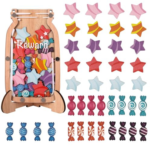 Belohnungsglas für Kinder, Hölzernes Kinder Belohnungstafel Glas mit Seil, Haltern und 40 Dekorativen Accessoires Verhaltens Belohnungstafel für Kinder für das Verantwortungsmanagement