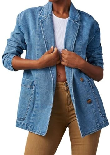 LAPOOH Blazer in Denim Giacca in Denim da Donna, Colletto con Revers Classico Casual da Lavoro Ampio, Giacche Jeans A Maniche Lunghe con Bottoni, Giacca di Transizione Leggera Vintage
