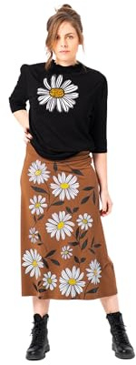 Mamatayoe Panorama. Falda con Vuelo de Mujer en Color Tostado con Estampado de Flores para Otoño Invierno. Falda Midi de Punto Roma y Cinturilla Elástica de Estilo Casual. Talla XL