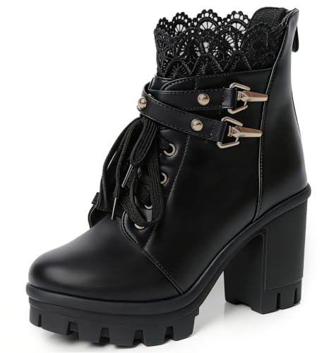 FOREADA Bottes gothiques à talon épais pour femme - Bottines de combat noires à plateforme avec boucle et rivets - Chaussures punk gothique avec fermeture éclair
