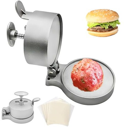 Burger Press with 100 Wax Discs, Aluminium Hamburger Smasher, Meat Press, Manual Burger Maker with Handle, Burger Smasher, Adjustable Spring Smash Burger Press for Hamburgers, Beef & Chicken