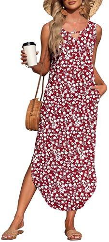 AUSELILY Sommar maxiklänningar för kvinnor UK ärmlös halter lös strand damer delade klänningar med fickor, Röda blommor, XL