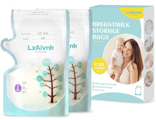 LXAIVNK Lot de 105 sacs de stockage de lait maternel de 180 ml, passent au congélateur avec double joint, sacs à lait sans fuite, faciles à ouvrir, résistance améliorée, design fin pour l'allaitement