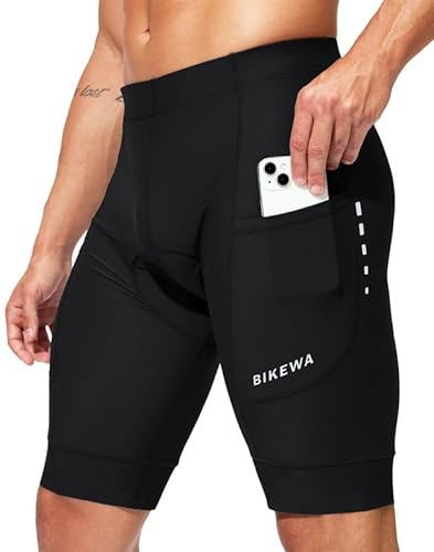 Bikewa Padded Bike Shorts for Men 4D Cycling Road Riding Biking Padding Bicycle Shorts with Phone Pockets(Black,XL)