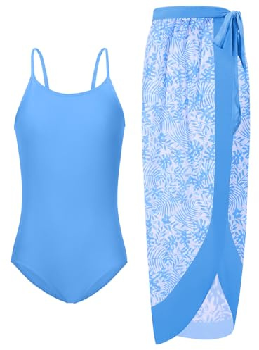 Naiyafly Girls One Piece Swimsuit with Cover Up Wrap Skirt Set Tropical Two Piece Bathing Suit for Teen Girls Kids Beach Swimwear 9-14 Years Sky Blue