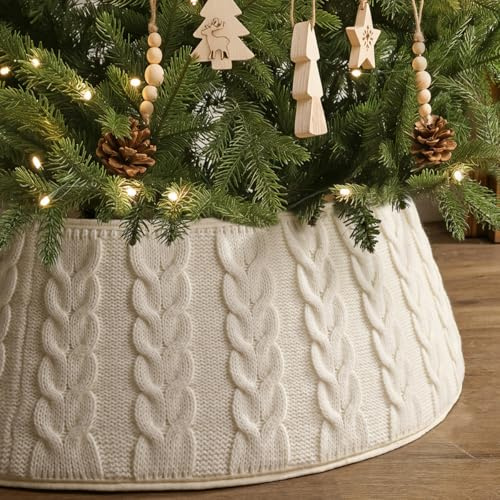 Knitted Christmas Tree Collar: Cream White Double Cable Knit Vertical Crochet Tree Ring, Rustic Boho Thick Chunky Christmas Tree Base Cover for Artificial Trees Farmhouse Xmas Holiday Home Décor Gifts
