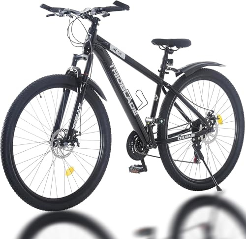 LSBIKE 24 26 27.5 29Inch Mountain Bike 21 Speed Drivetrain Hardtail Bicycle Mens Women Mountain Bike With Shock Lightweight Sport Cycling Bike for Adult with Mudguard MTB Bicycle (Black, 24inch)
