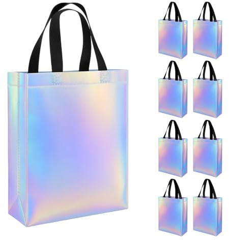 8 Pcs Glossy Iridescent Party Bags - Reusable Luxury Gift Bags with Sturdy Handles & Base for Girls Birthday, Frozen-Themed Parties, Christmas, Wedding Favours & Shopping