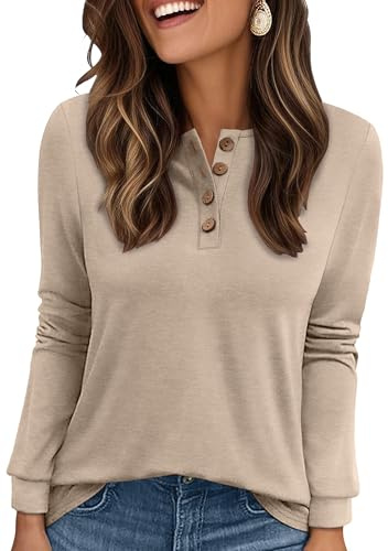 XIEERDUO Womens Sweatshirts Ladies Jumpers for Women UK Long Sleeve Tops Ladies Button Up Henley Shirts Size 18-20 Beige XL
