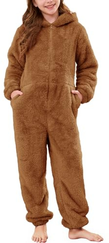 Flygo Girls Fleece Jumpsuits Fuzzy Hooded Rompers Kids Zip up Onesie Romper Costume Warm Winter Clothes 5-14 Years(Brown-L)