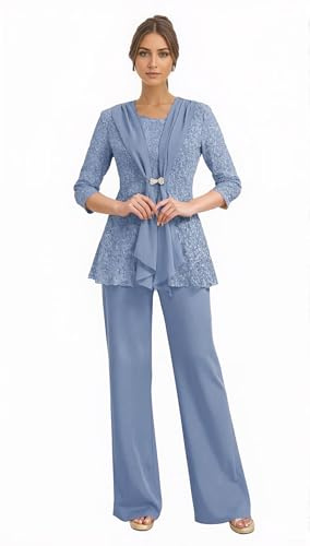 3 Pieces Mother of the Bride Pantsuits Plus Size Formal Wedding Guest Pant Suits with Jacket Dusty Blue
