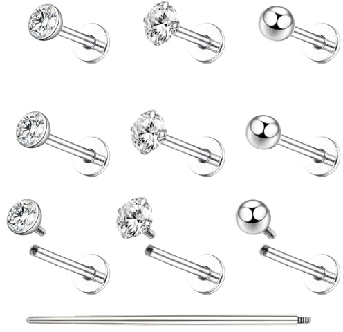 sawyofu Tragus Earrings Helix Labret Studs Piercing Jewellery 10PCS 16G Stainless Steel CZ Balls Flat Back Cartilage Conch Lip Nose Bars Ear Piercing Studs Jewellery For Women Men(6/8/10MM)