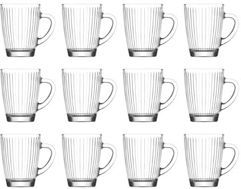 LAV 250ml Hestia Glass Mugs - Clear - 12x Latte Tea Hot Chocolate Cappuccino Espresso Drinking Mugs Glasses Set with Handle
