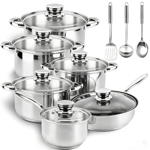 Colourcoco Stainless Steel Pan Set - 15-Piece Non Stick Pots and Pans Set with Quick Even Heating, Non Stick-Free Cookware, Induction Pan Set Oven Safe with Stay-Cool Handle
