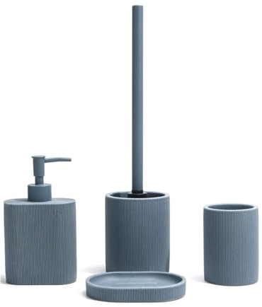 BM Set di Accessori da Bagno in Resina Superficie Strutturato, Set Accessori Bagno Completo 4 Pezzi, Dispenser, Portaspazzolino, Portasaponetta, Portascopino (Linee Rette Blu Grigio)