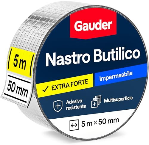 GAUDER Nastro Butilico impermeabile adesivo - Sigillante per grondaie - Nastro riparazione alluminio per tetti e camper (50 mm x 5 m)
