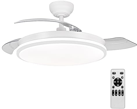 LEDUNI Ventilador con Luz LED 72w 7590LM con mando a distancia, Motor DC temporizador, 6 velocidades, aspas retráctiles, 3 temperaturas de luz, función verano-invierno Silencioso (Blanco)