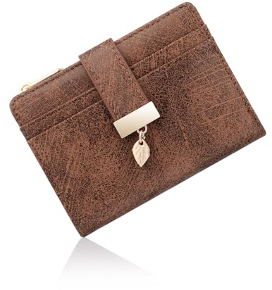 Pomelo Best Women's RFID Wallet - Vegan Leather Bi-fold Small Ladies Purse with Zipper Coin Pocket & ID Window - Leaf Charm Compact Wallet for Women (Suede Brown)