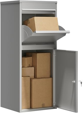 Wiltec Cassetta portapacchi grigia 410 x 380 x 1020 mm, cassetta per pacchi da esterno in acciaio con rivestimento a polvere, box con serratura a chiave, consegna di scatole, posta, lettere