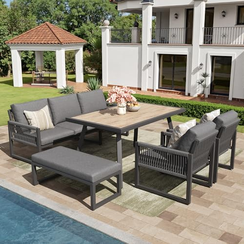 Wyibwy Set di mobili da giardino esterno 6-7 posti,set divano da giardino,set lounge da giardino con grande tavolo da pranzo,set di divani patio,struttura in ferro per balcone terrazza,grigio